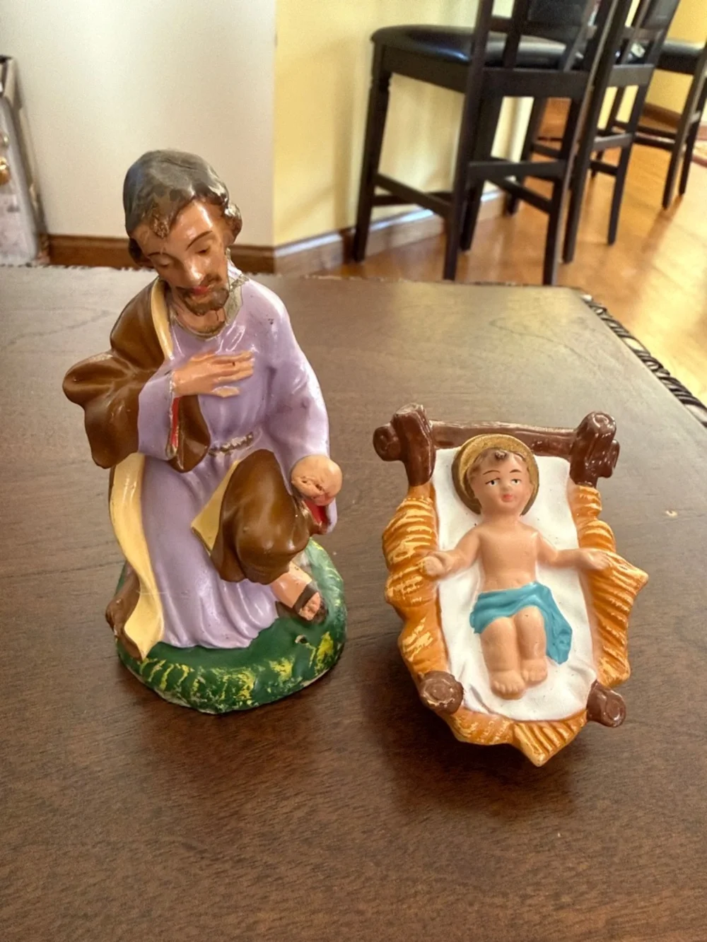Hand-Painted Paper Machete Nativity Figurines in Purple, Brown & Tan